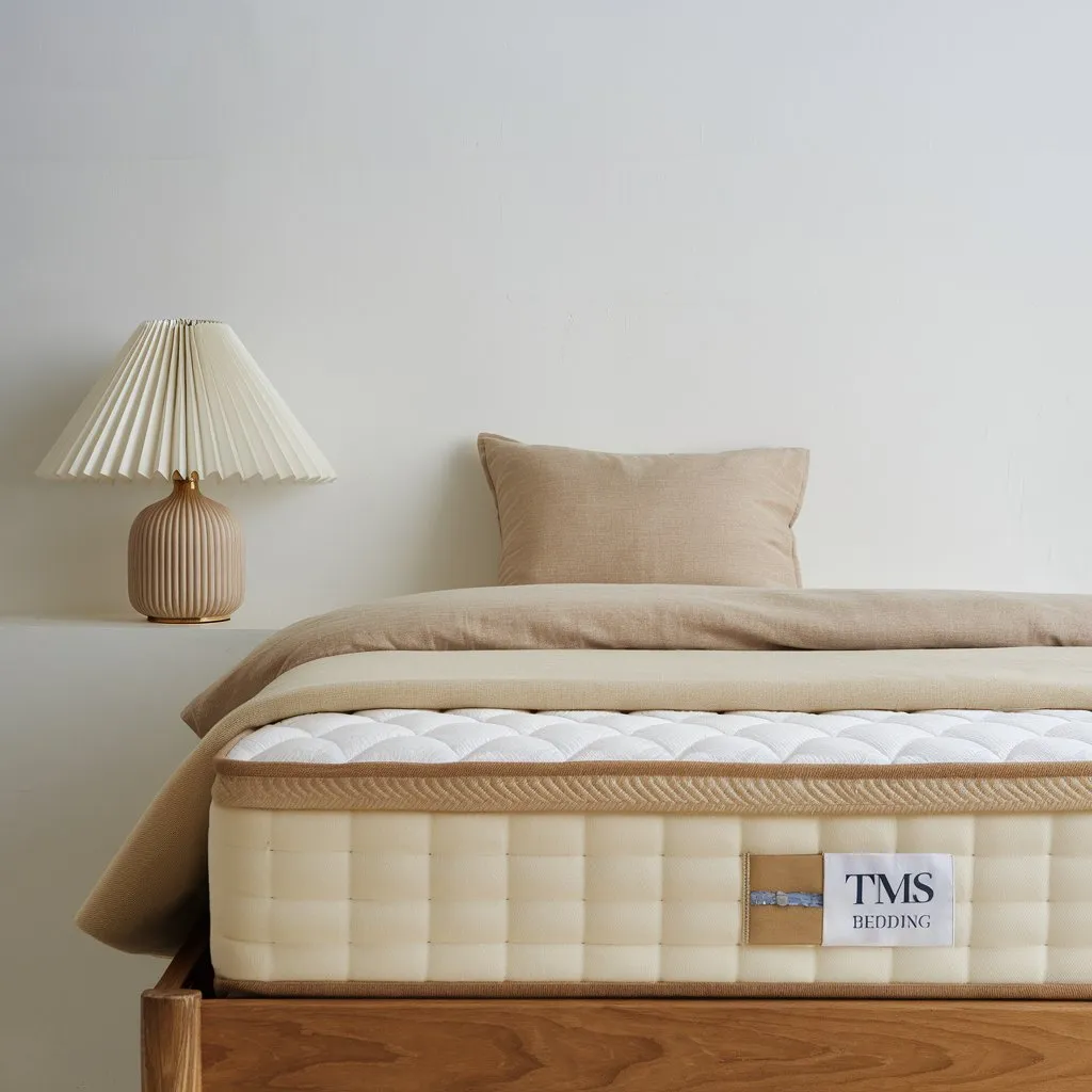 a photo of a half of a bed with a beige blanket an zB cOrF2RI641GefejE5XA